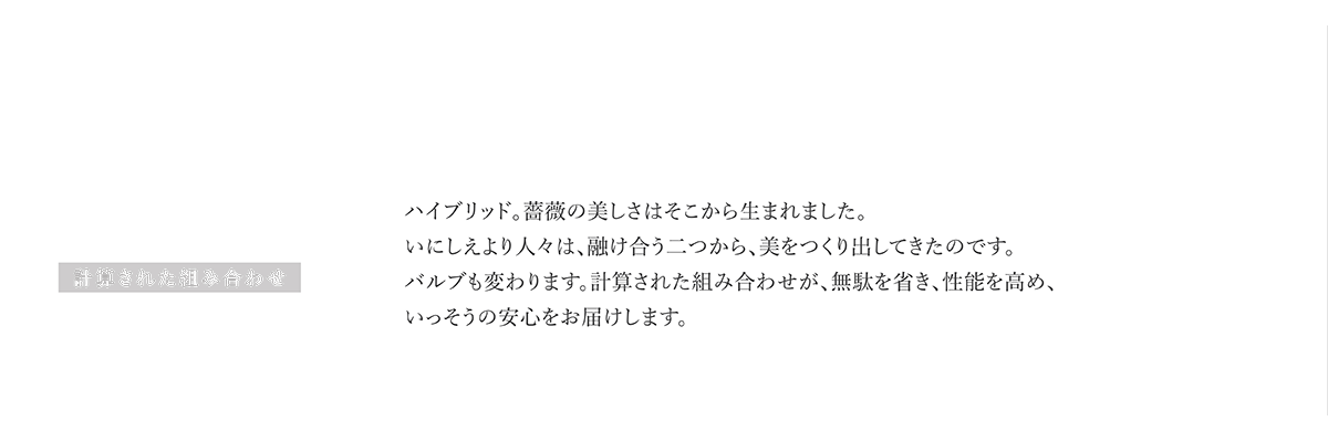 医療用モジュール HYBRID 計算された組み合わせ ハイブリッド。薔薇の美しさはそこから生まれました。いにしえより人々は、融け合う二つから、美をつくり出してきたのです。バルブも変わります。計算された組み合わせが、無駄を省き、性能を高め、いっそうの安心をお届けします。